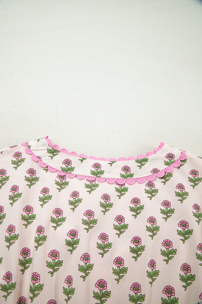 Pink Floral Print V Neck Scallop Trim Button Front Short Sleeve Long Dress