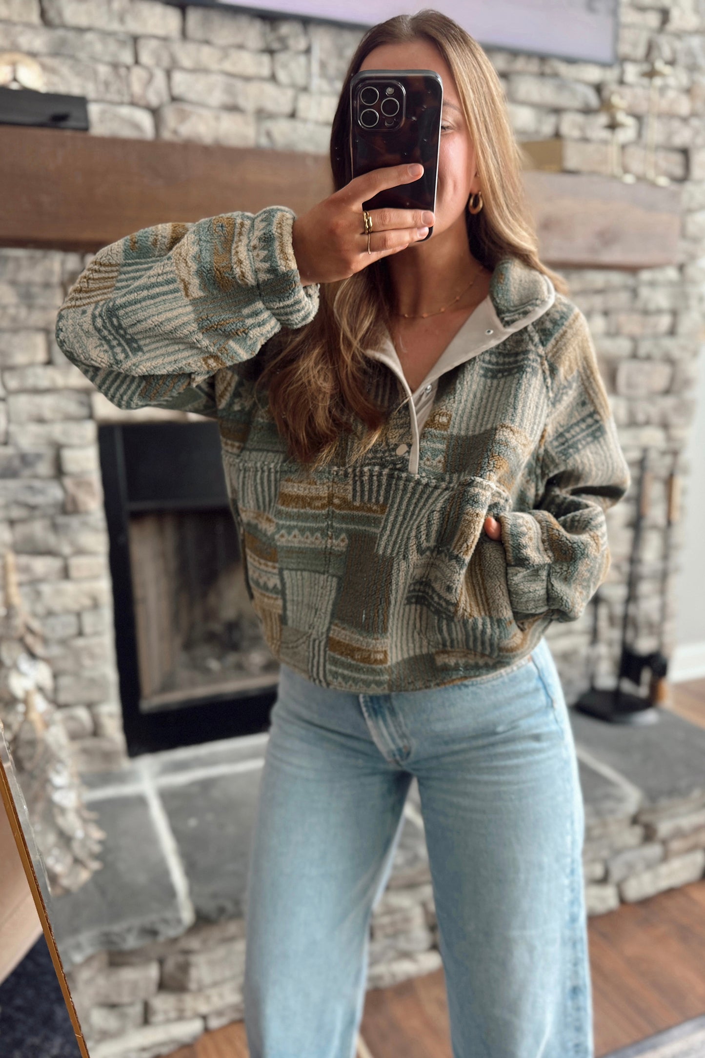 Green Western Print Fleece Pullover Long Sleeve Casual Fit Sweatshirt