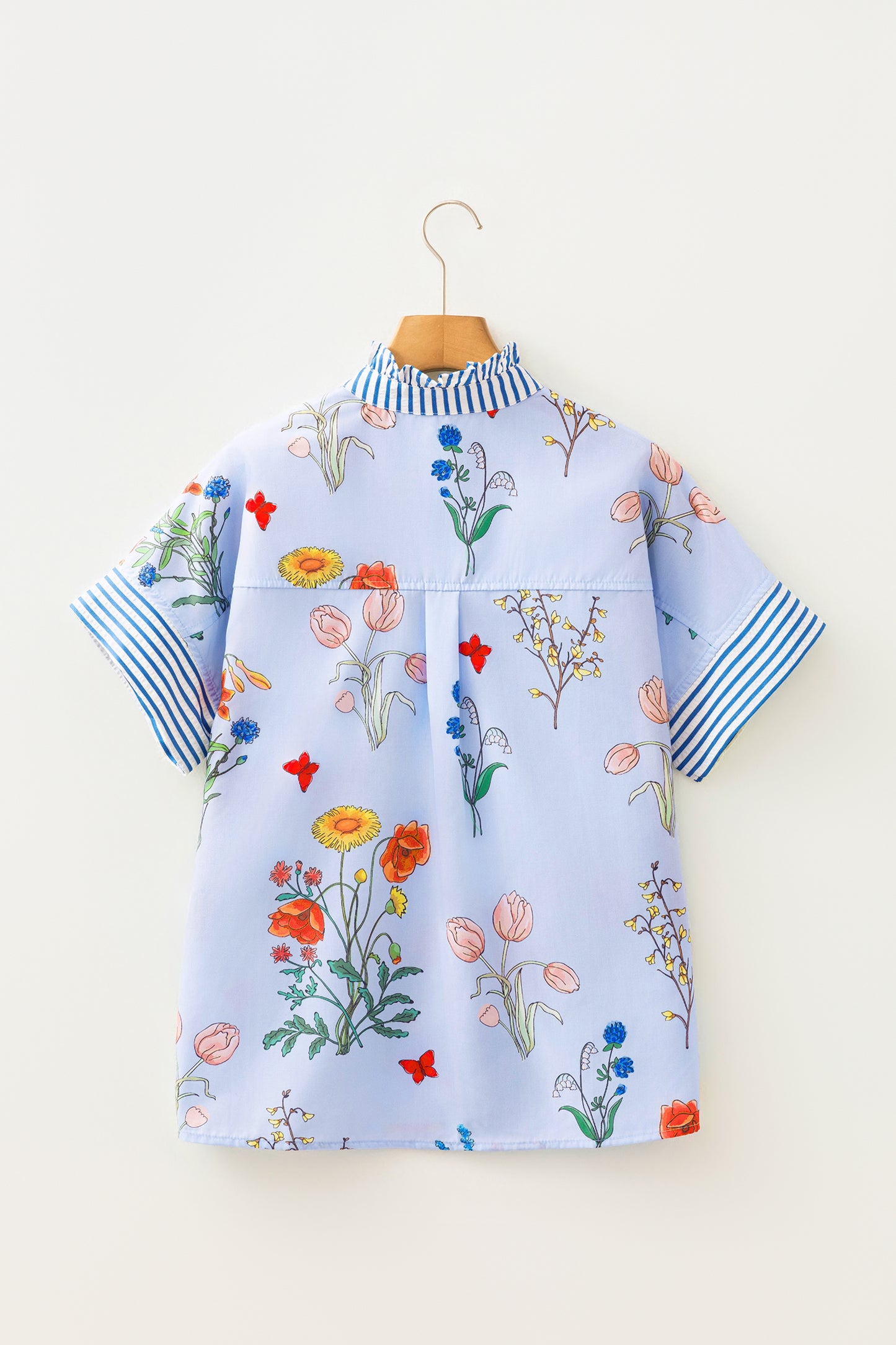 Floral Striped Patchwork Ruffled Collar Short Sleeve Shirt