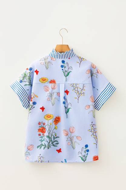 Floral Striped Patchwork Ruffled Collar Short Sleeve Shirt