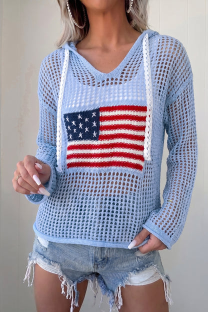 Crochet American Flag Patched Sweater Hoodie