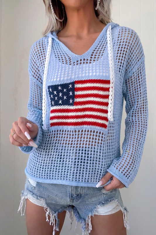 Crochet American Flag Patched Sweater Hoodie