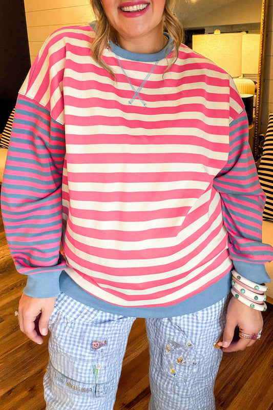 Pink Stripe Colorblock Tunic Plus Size Sweatshirt