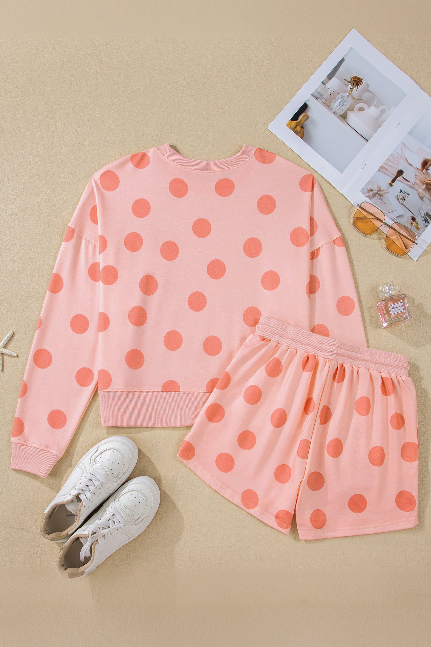 Pink Polka Dot Print Pullover and Shorts Set