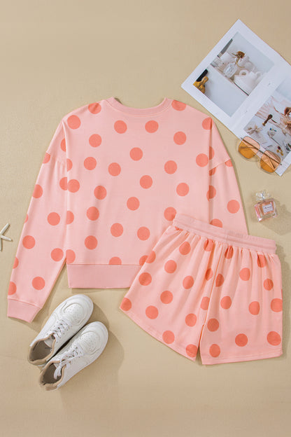 Pink Polka Dot Print Pullover and Shorts Set
