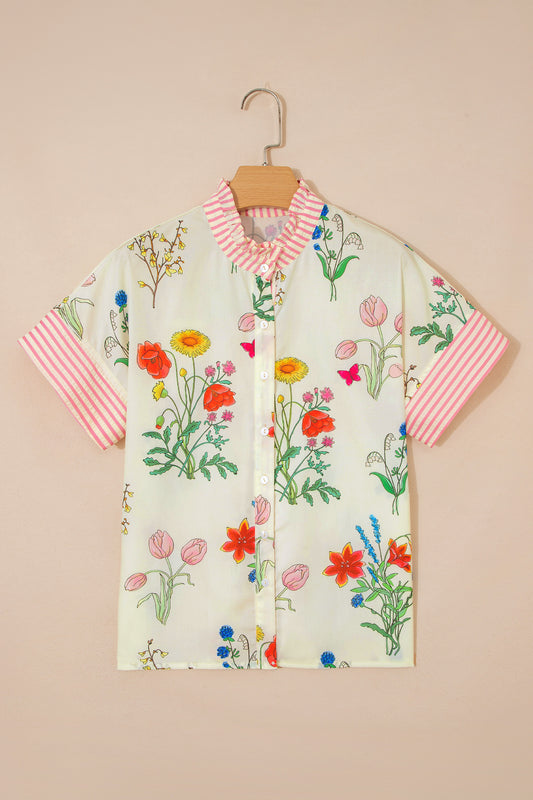 Floral Striped Patchwork Ruffled Collar Short Sleeve Shirt