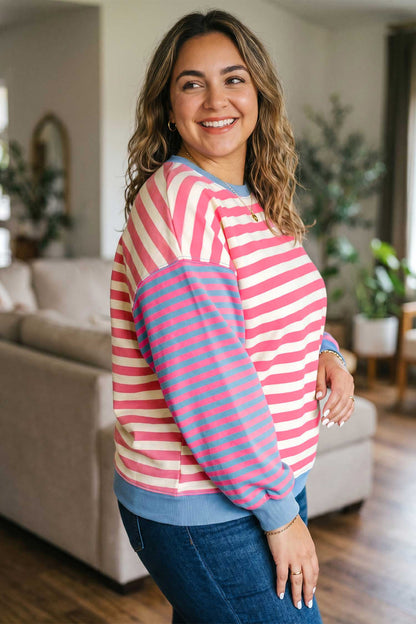 Pink Stripe Colorblock Tunic Plus Size Sweatshirt