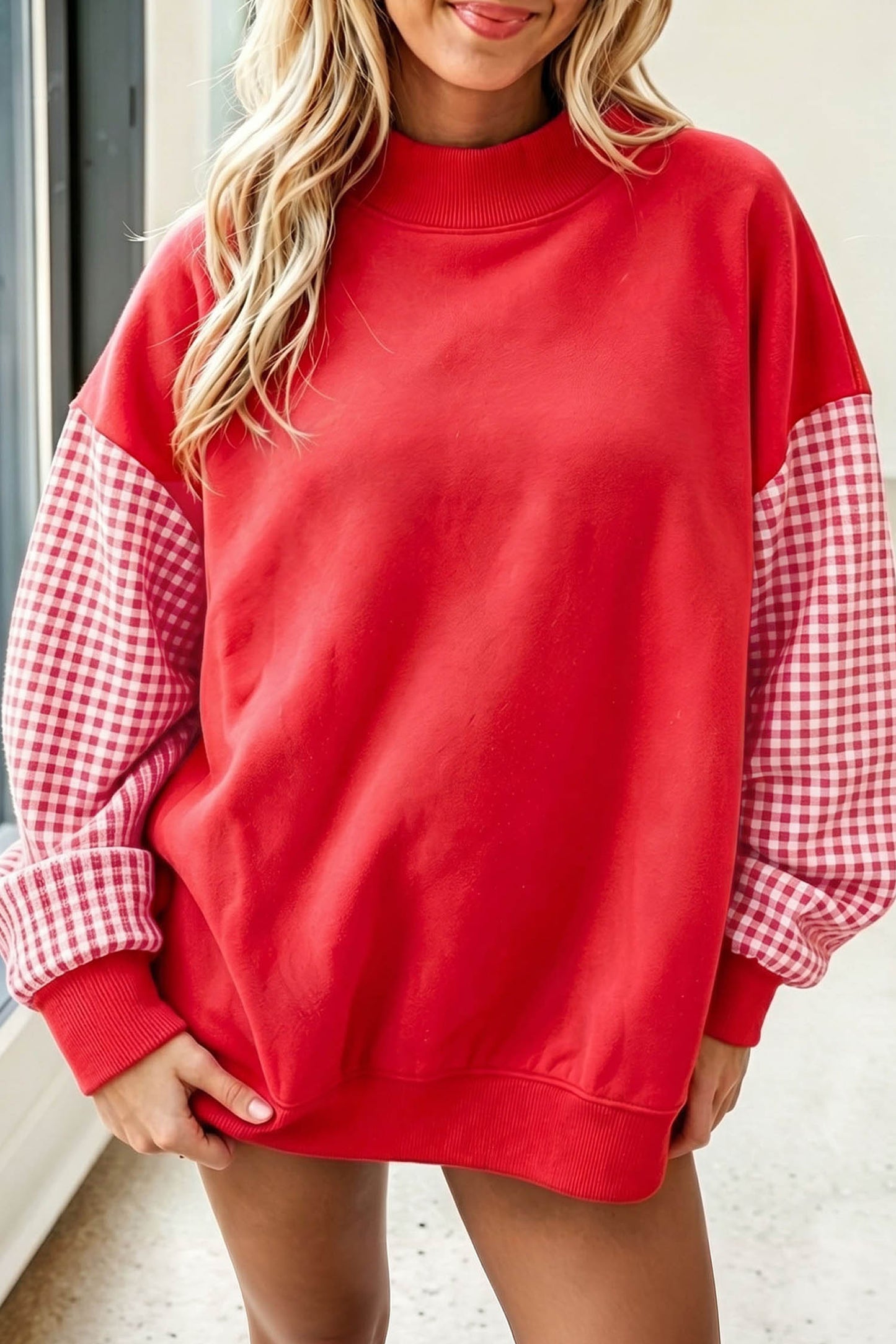 Plaid Sleeve Loose Tunic Mockneck Sweatshirt