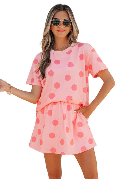Polka Dot Short Sleeve Top Casual Skort 2pcs Outfit