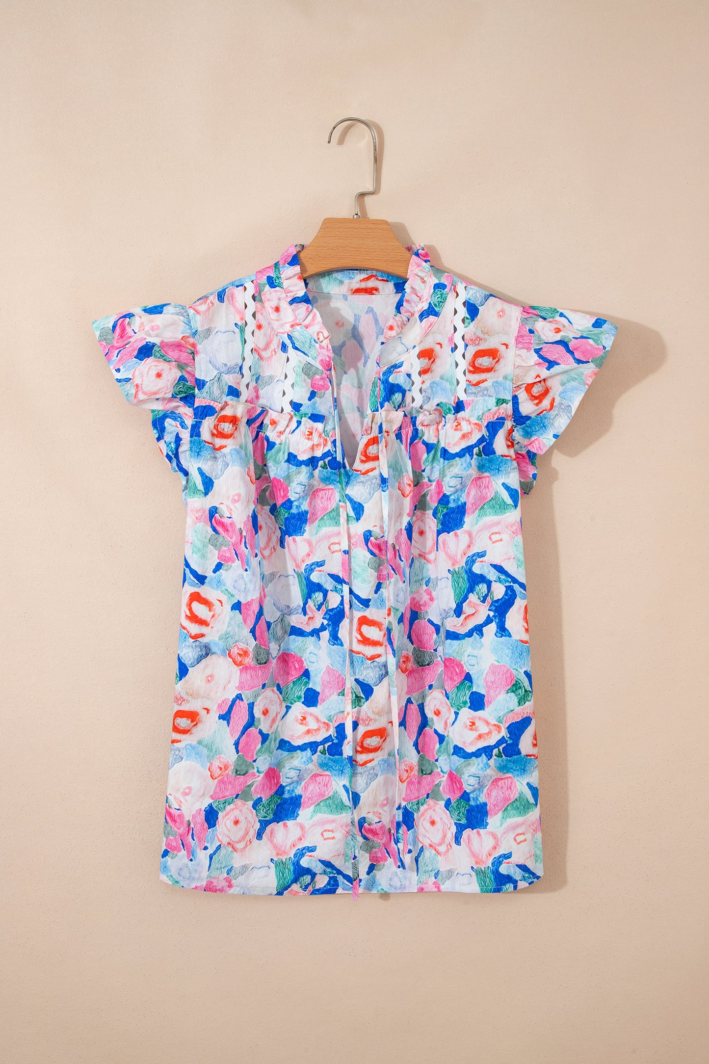 Floral Print Tie V Neck Contrast Detail Ruffle Short Sleeve Blouse