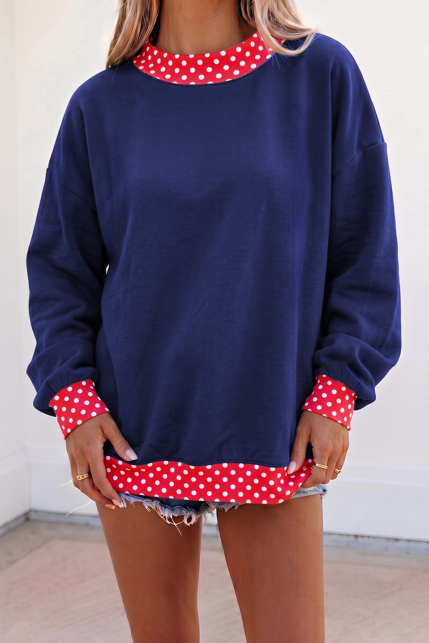 Colorblock Polka Dot Contrast Trim Oversized Sweatshirt