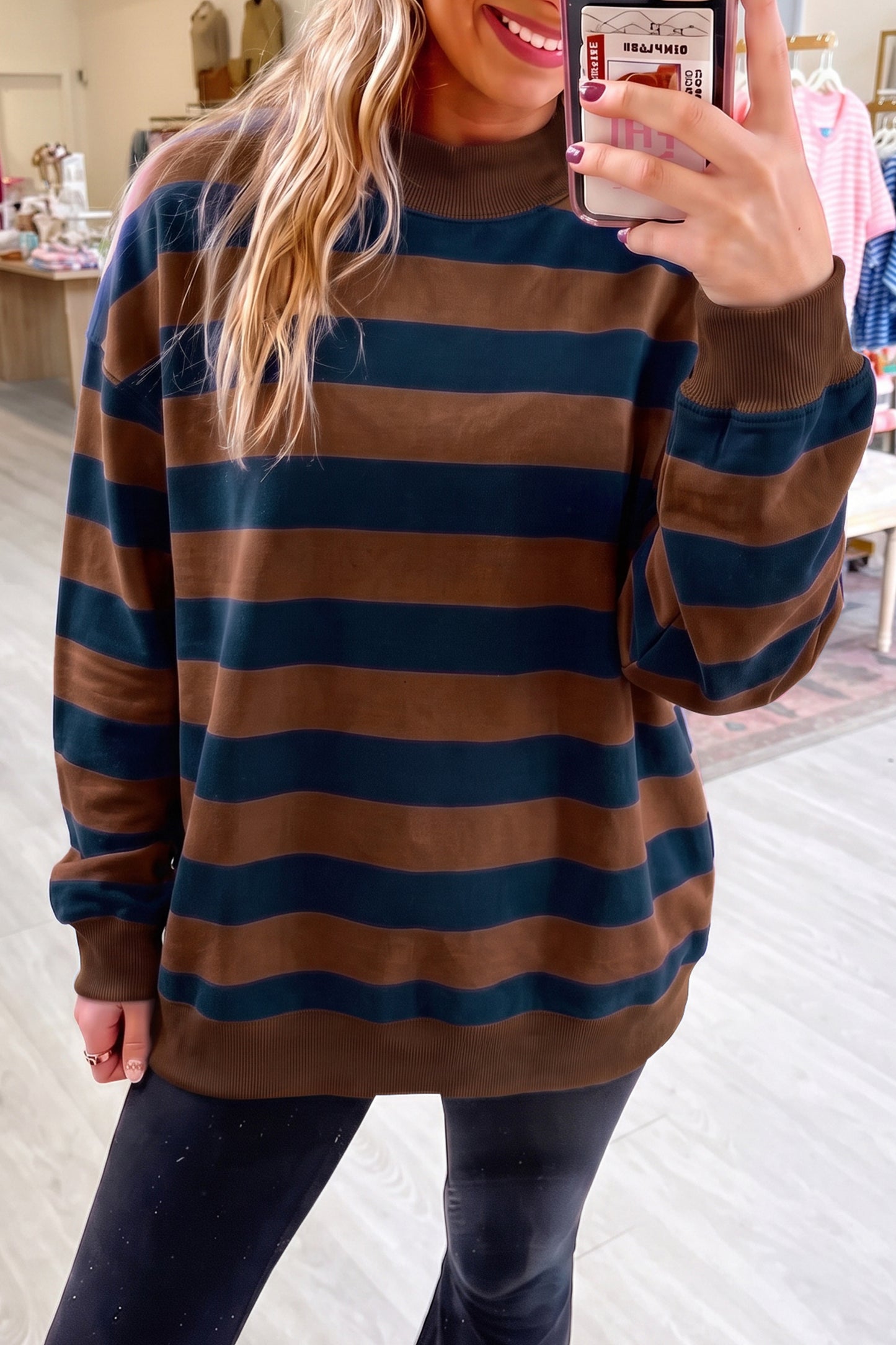 Orange Stripe Colorblock Mock Neck Relaxed Sweatshirt