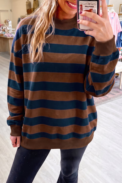 Orange Stripe Colorblock Mock Neck Relaxed Sweatshirt