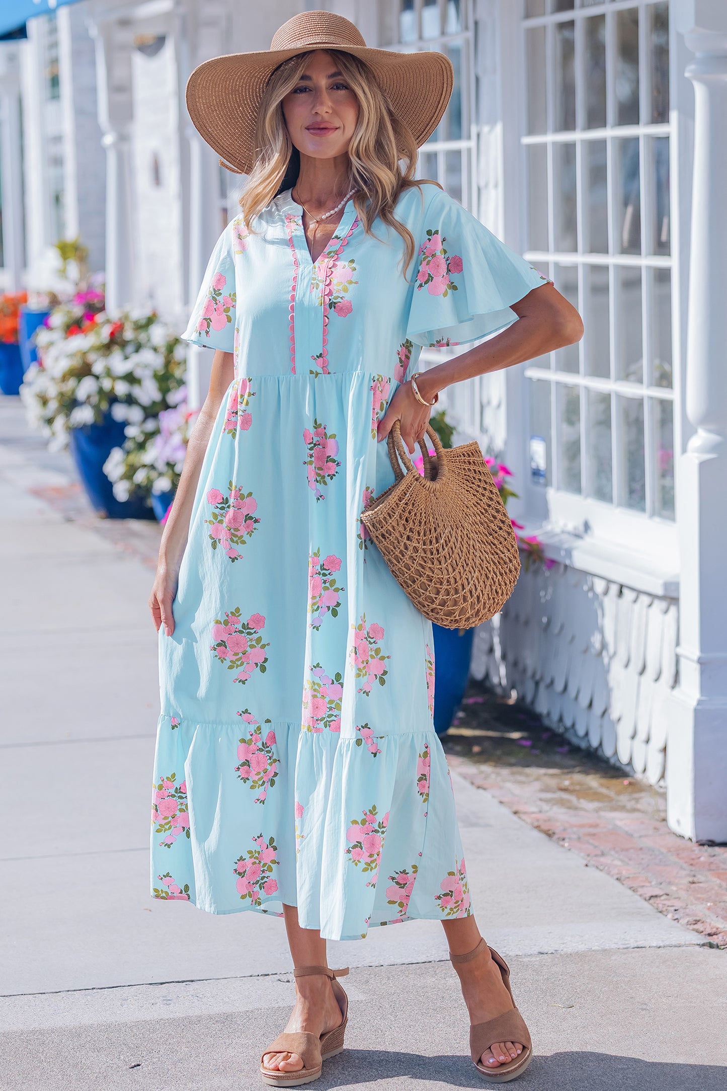 Sky Blue Notched Neck Flutter Short Sleeve Floral Print Maxi Dress