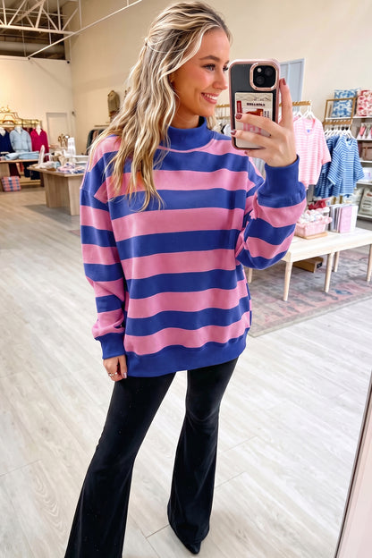 Orange Stripe Colorblock Mock Neck Relaxed Sweatshirt
