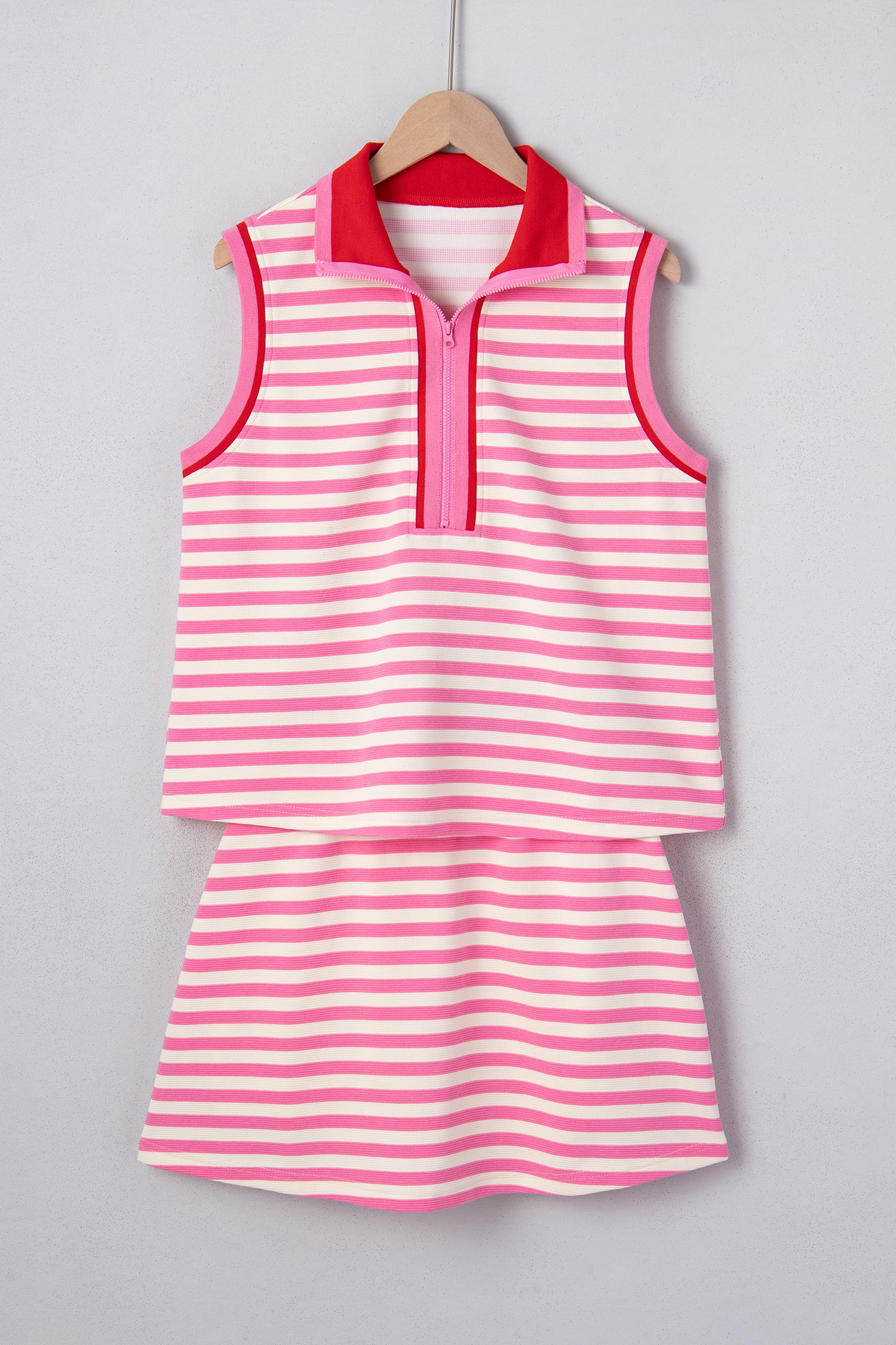 Sachet Pink Textured Stripe Print Contrast Trim Zip Collar Sleeveless 2pcs Skort Set