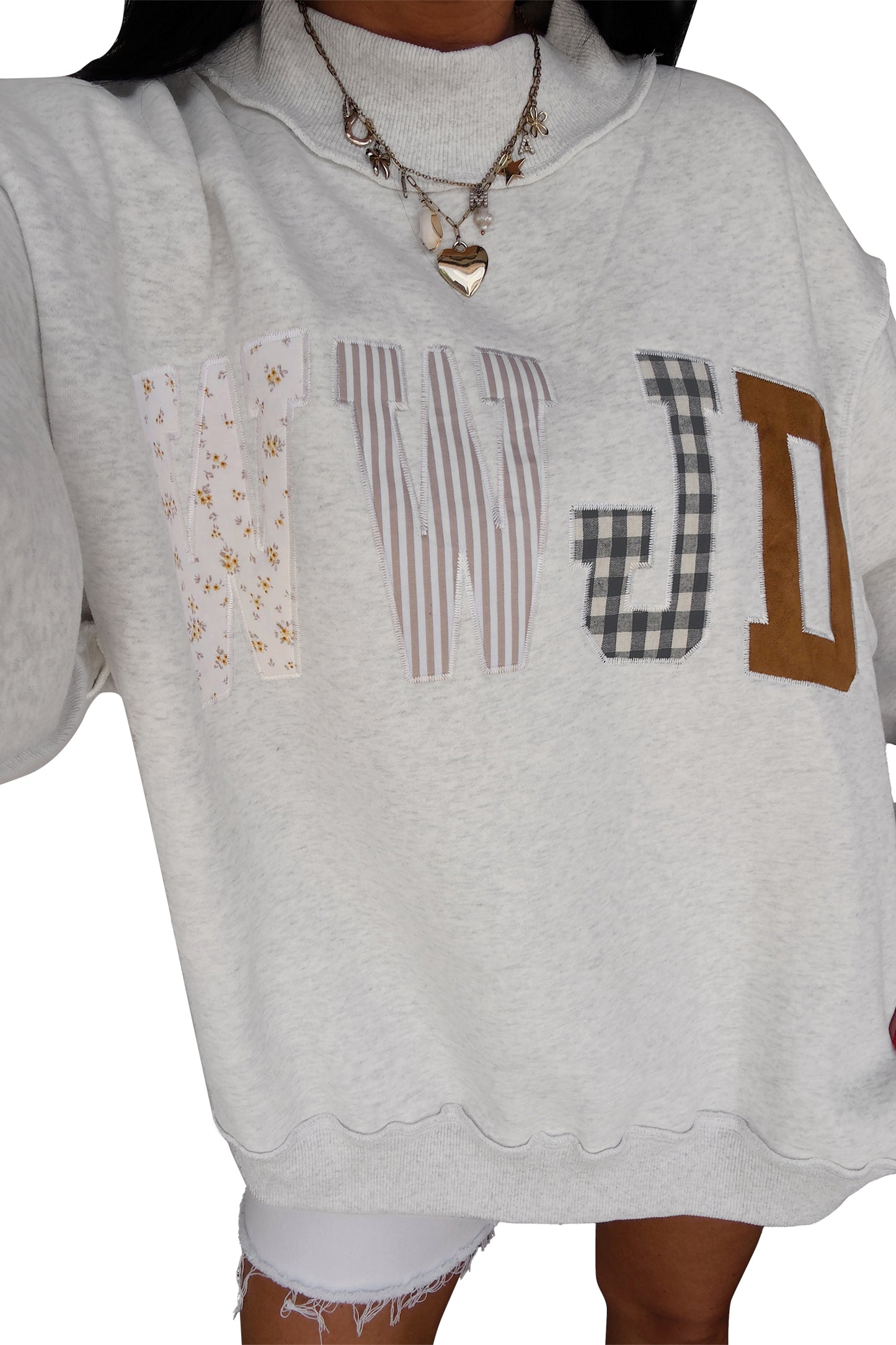 Gray WWJD Mixed Pattern Embroidered Patch Mock Neck Sweatshirt