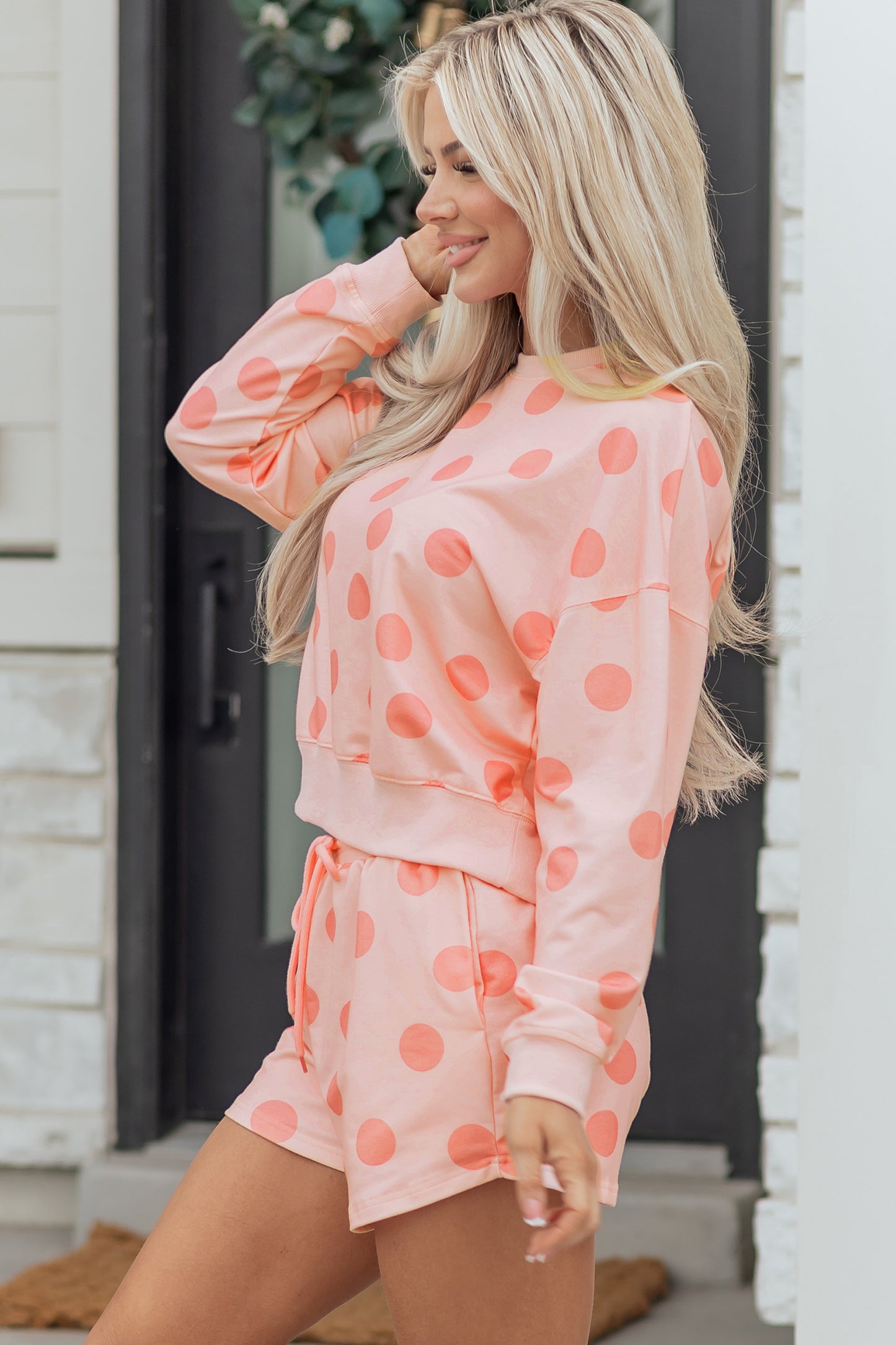 Pink Polka Dot Print Pullover and Shorts Set
