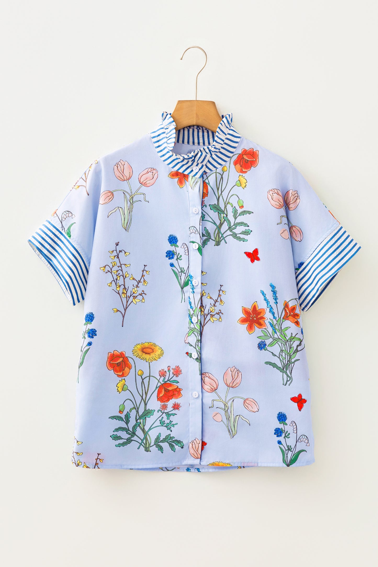 Floral Striped Patchwork Ruffled Collar Short Sleeve Shirt