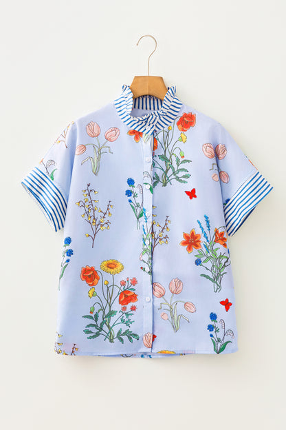 Floral Striped Patchwork Ruffled Collar Short Sleeve Shirt