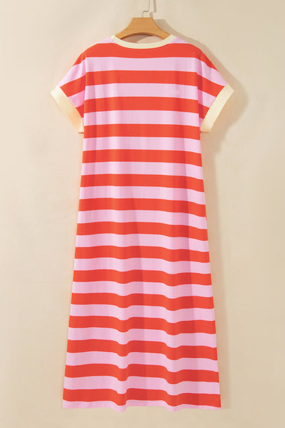 Rose Stripe Cuffed Short Sleeve Pocketed Casual T Shirt Long Dress