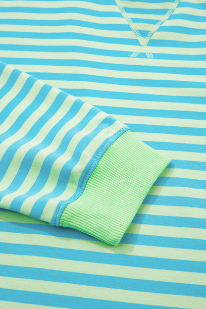 Stripe Color Block Detail Long Sleeve Pullover Elastic Waist Pull On Shorts 2pcs Set