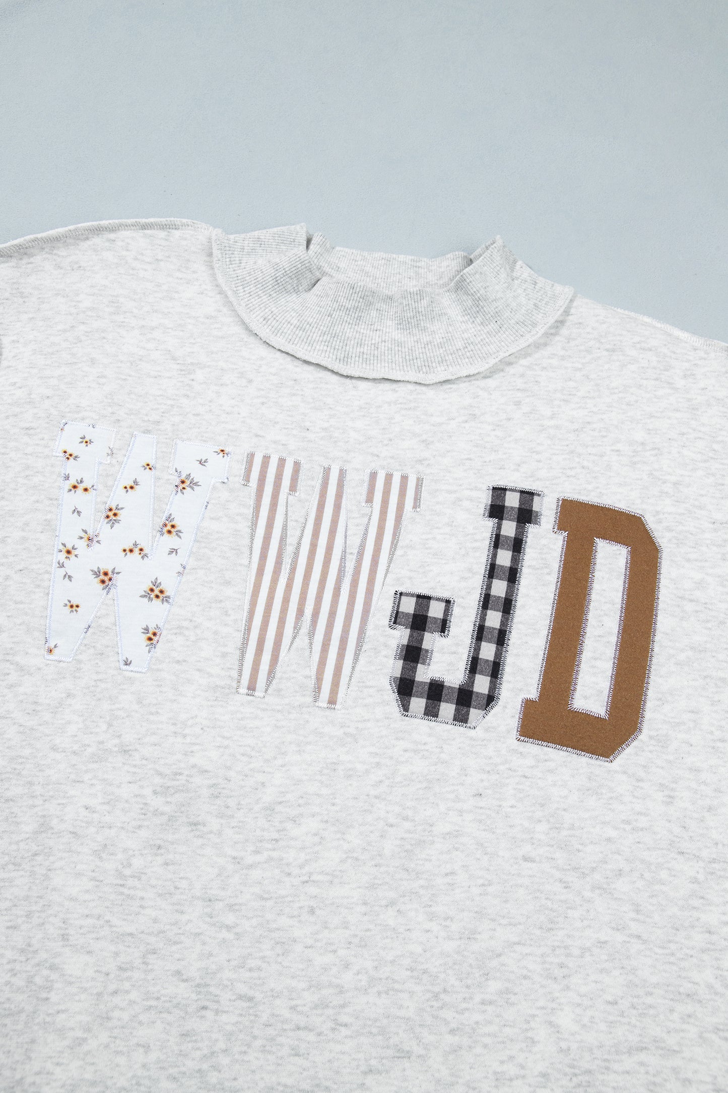 Gray WWJD Mixed Pattern Embroidered Patch Mock Neck Sweatshirt