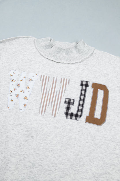 Gray WWJD Mixed Pattern Embroidered Patch Mock Neck Sweatshirt