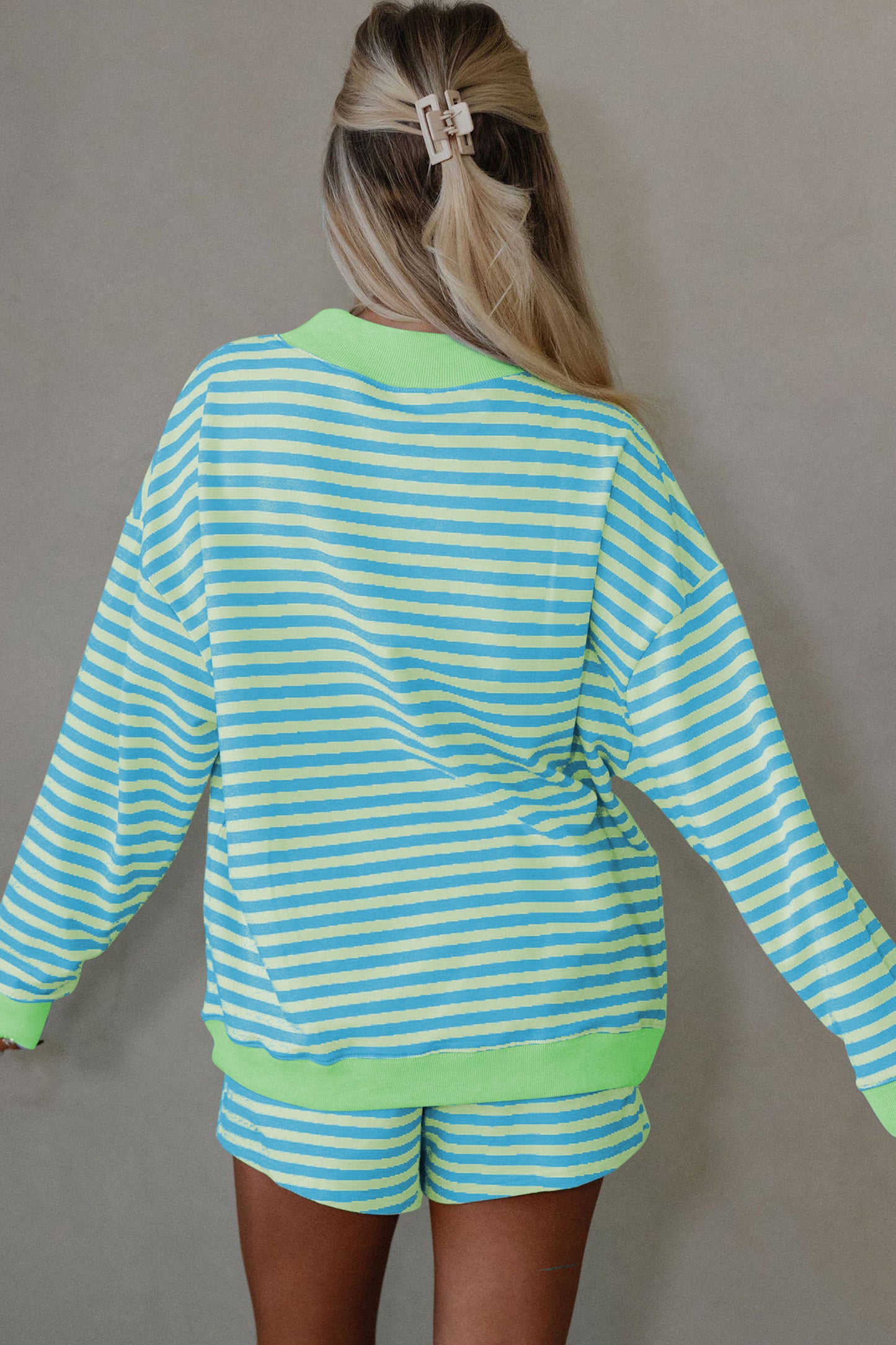 Stripe Color Block Detail Long Sleeve Pullover Elastic Waist Pull On Shorts 2pcs Set