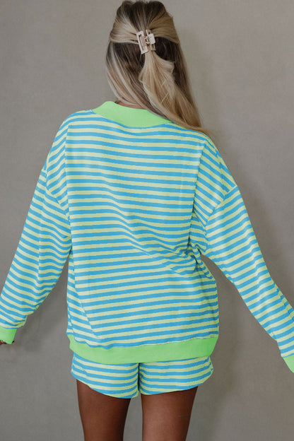 Stripe Color Block Detail Long Sleeve Pullover Elastic Waist Pull On Shorts 2pcs Set