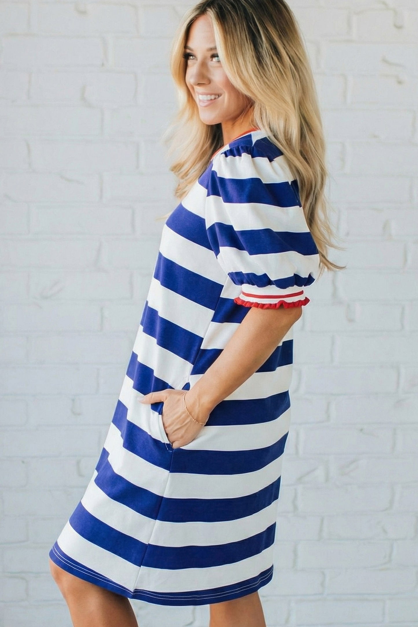 Blue Stripe Contrast Trim Round Neck Short Puff Sleeve Shift Mini Dress