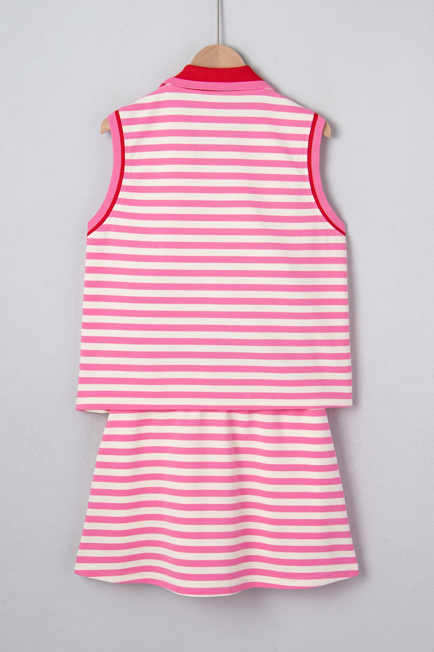 Sachet Pink Textured Stripe Print Contrast Trim Zip Collar Sleeveless 2pcs Skort Set
