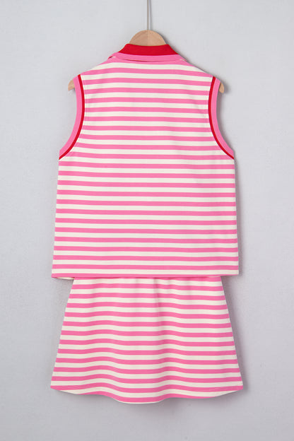Sachet Pink Textured Stripe Print Contrast Trim Zip Collar Sleeveless 2pcs Skort Set