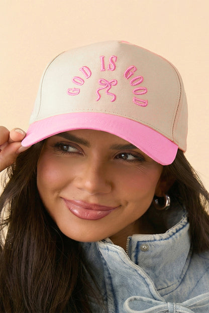 Pink GOD IS GOOD Embroidered Bow Color Block Baseball Cap