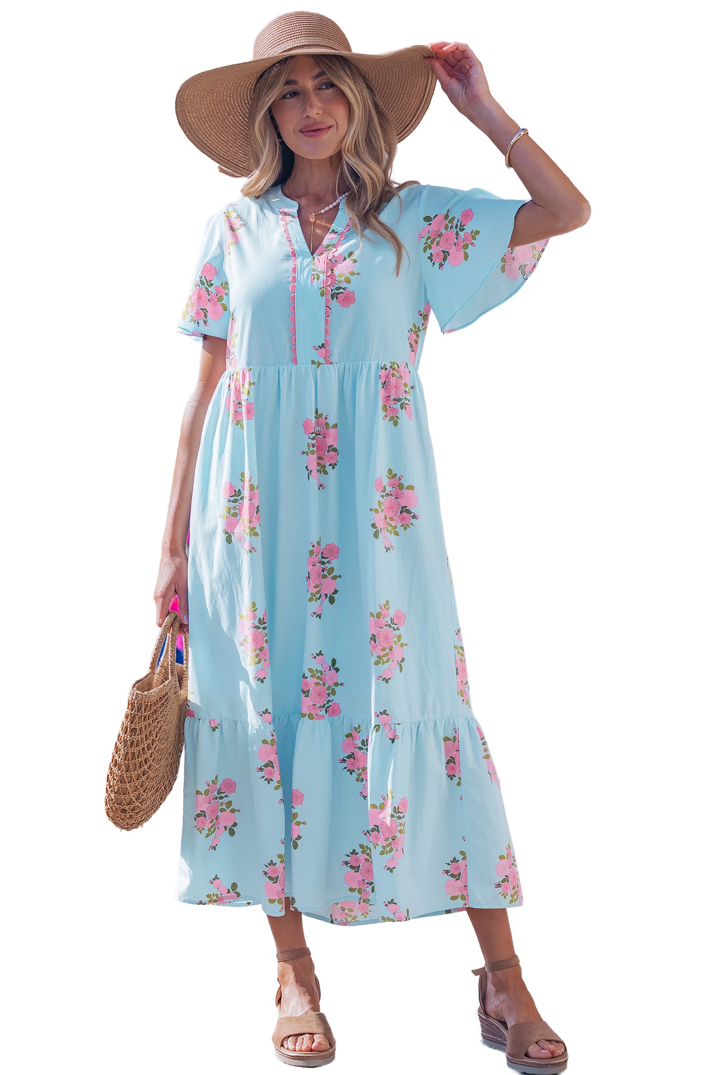 Sky Blue Notched Neck Flutter Short Sleeve Floral Print Maxi Dress