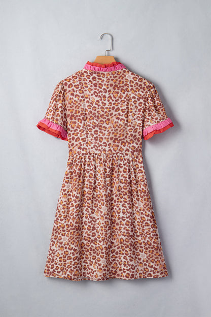 Khaki Leopard High Waist Ruffled Colorblock Trim Short Dress