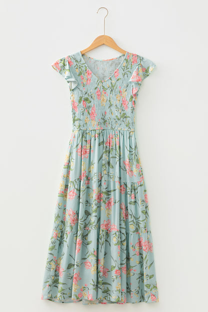 Smocked Bodice Ruffled Sleeveless Tiered Floral Maxi Dress