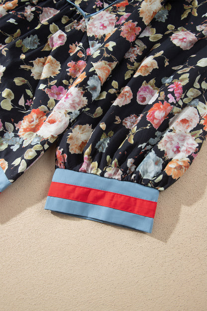Black Floral Print Contrast Trim Tie V Neck Bracelet Sleeve Blouse
