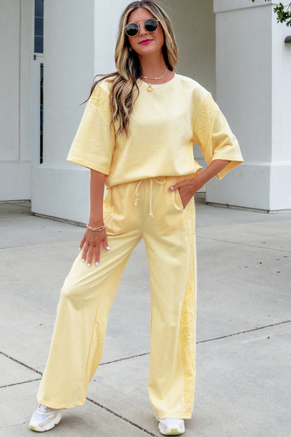 Yellow Cream Lace Patchwork Half Sleeve Top Elastic Waist Pants Two Piece Set
