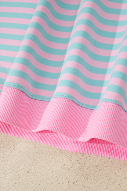 Stripe Color Block Detail Long Sleeve Pullover Elastic Waist Pull On Shorts 2pcs Set