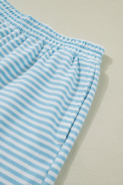 Green Stripe Cuffed Sleeve Contrast Mock Neck Tee Casual 2pcs Short Set