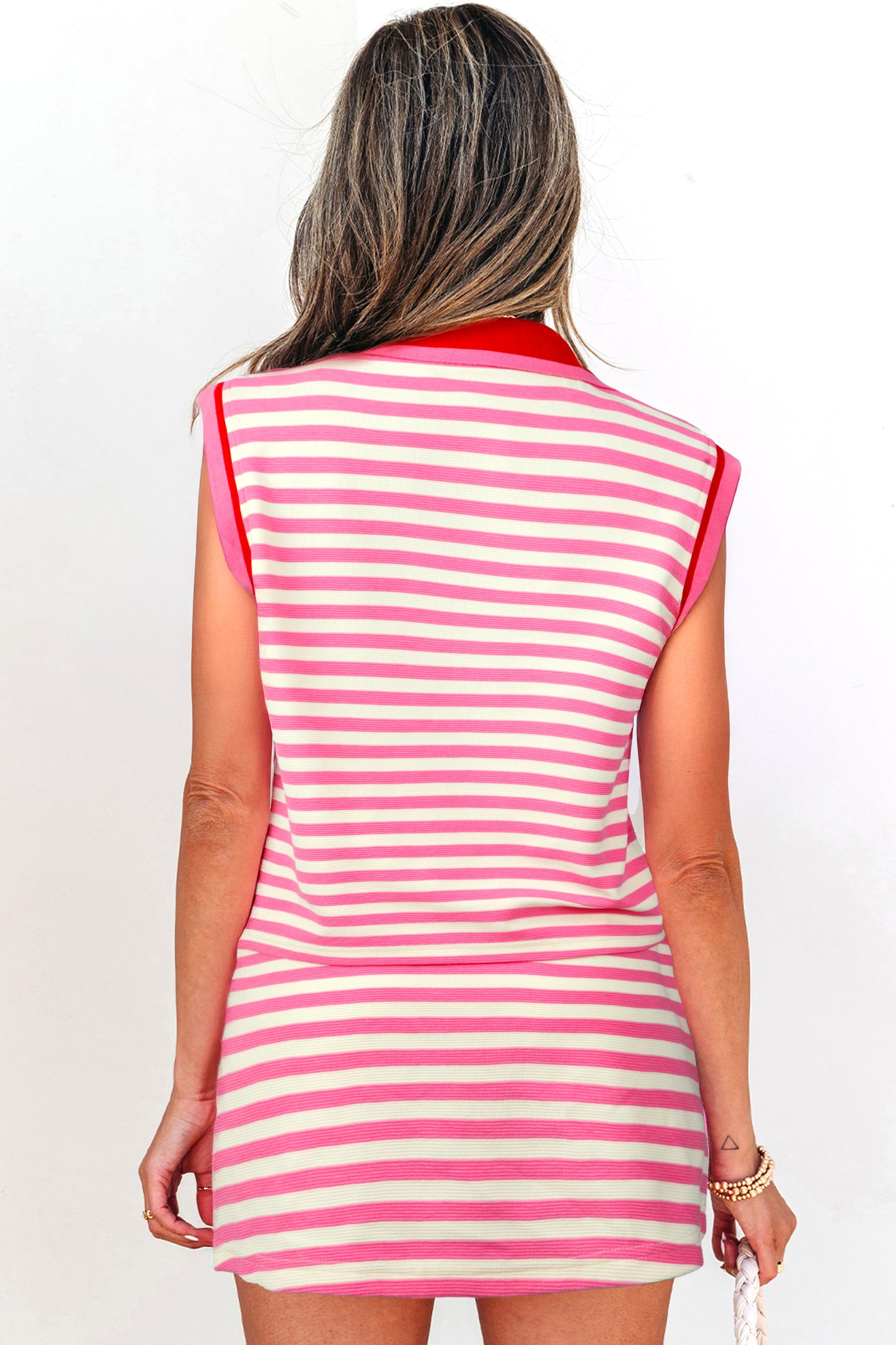 Sachet Pink Textured Stripe Print Contrast Trim Zip Collar Sleeveless 2pcs Skort Set