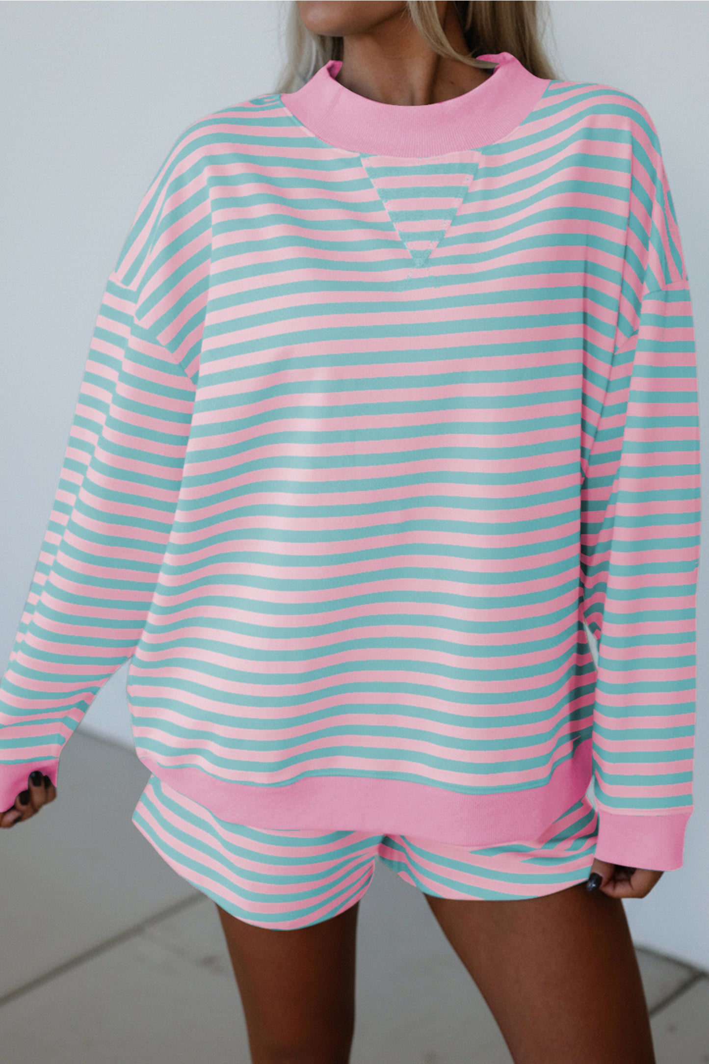 Stripe Color Block Detail Long Sleeve Pullover Elastic Waist Pull On Shorts 2pcs Set