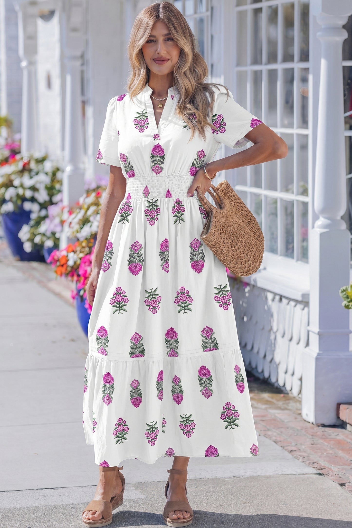 Split Neck Shirred High Waist Ruffle Hem Maxi Dress