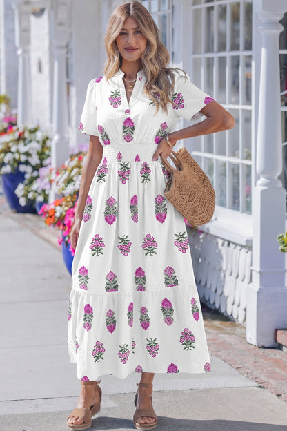 Split Neck Shirred High Waist Ruffle Hem Maxi Dress