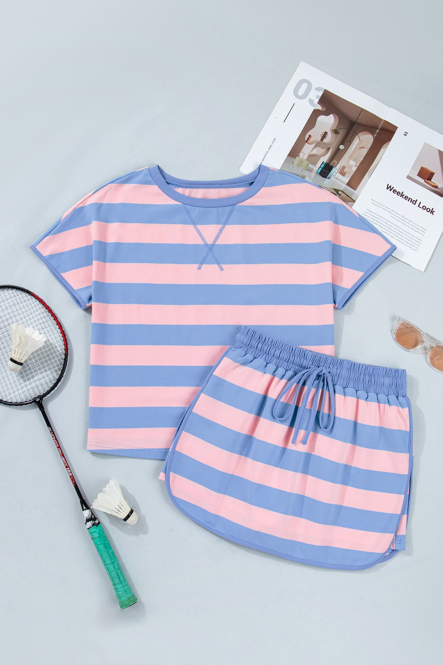 Stripe Dolman Tee Drawstring Skort Athletic 2pcs Set