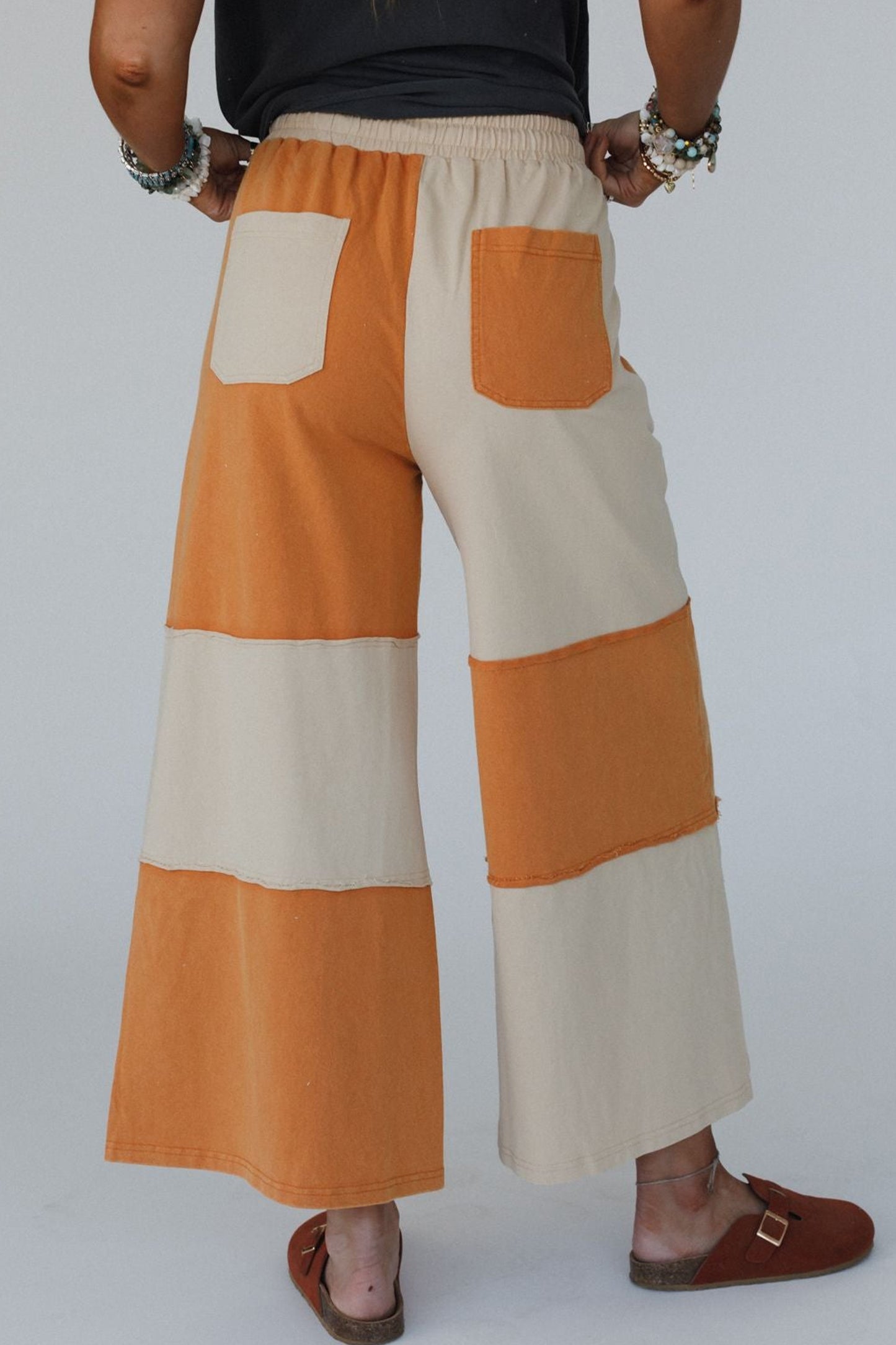 Russet Orange Raw Seam Colorblock Wide Leg Ankle Length Casual Pants