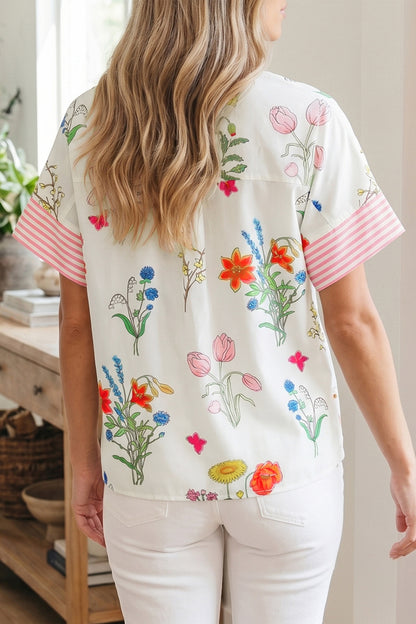 Floral Striped Patchwork Ruffled Collar Short Sleeve Shirt