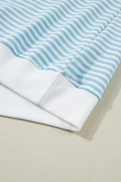 Green Stripe Cuffed Sleeve Contrast Mock Neck Tee Casual 2pcs Short Set