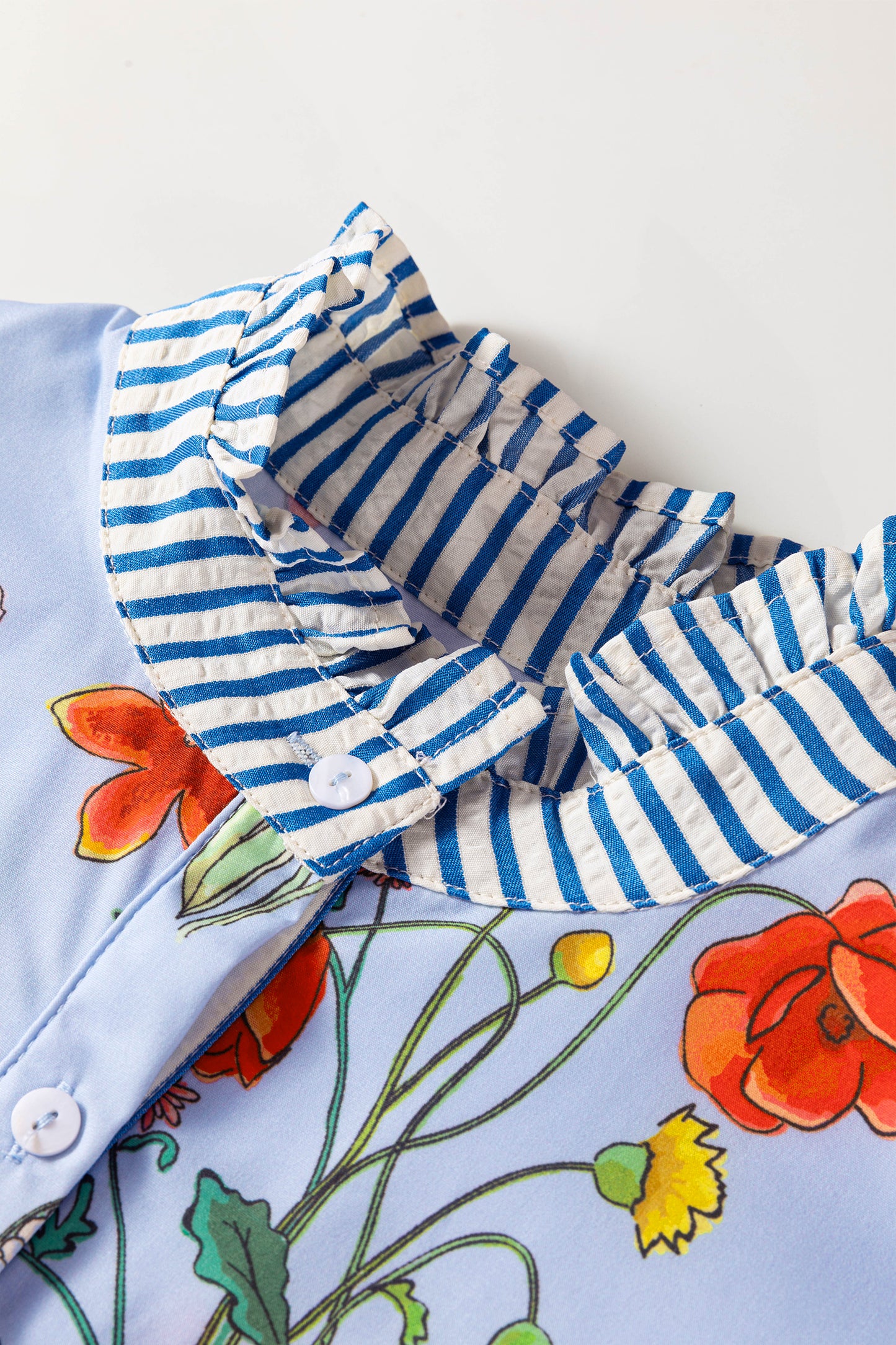 Floral Striped Patchwork Ruffled Collar Short Sleeve Shirt